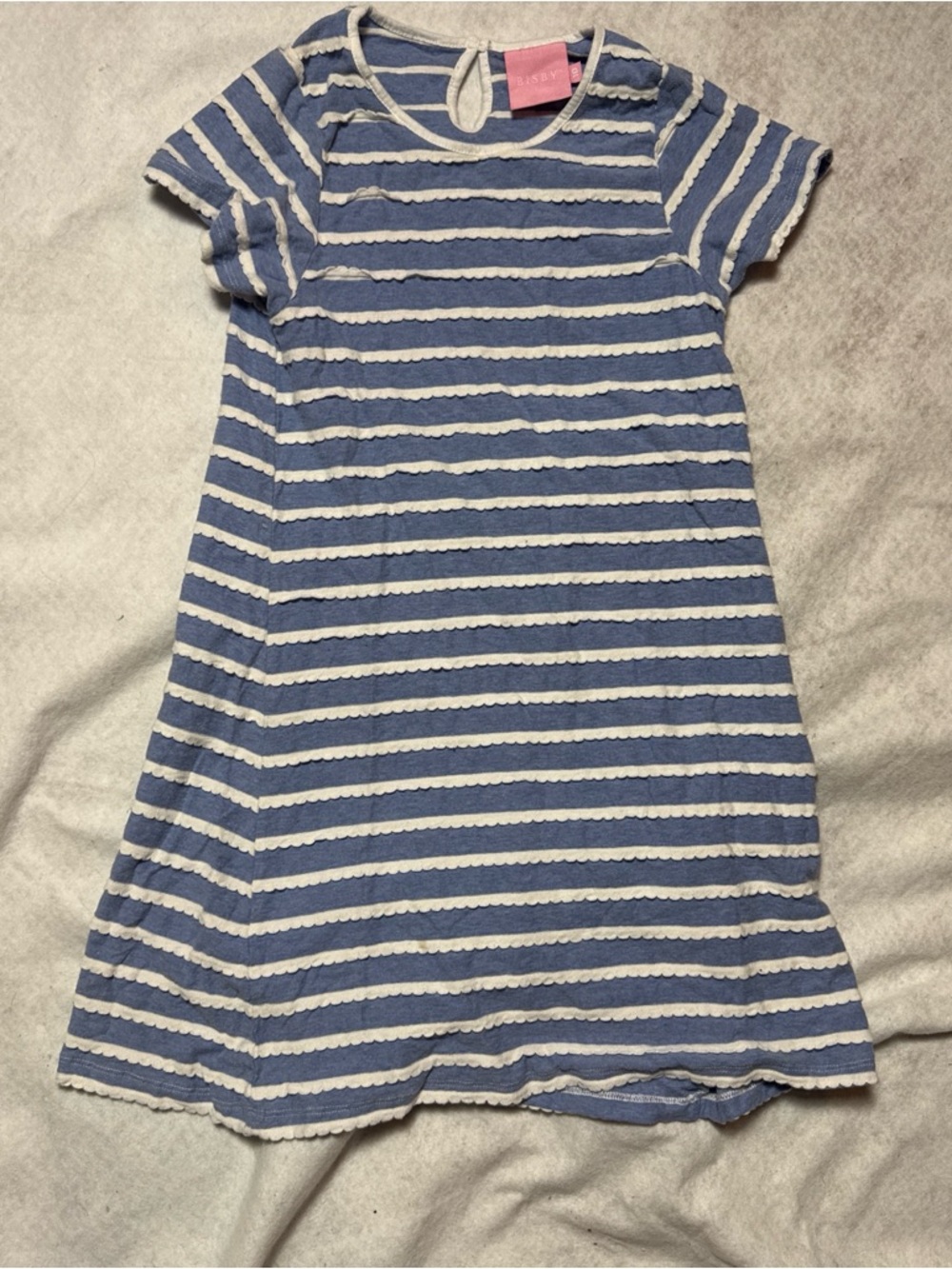 Bisby Girls' Blue & White Striped Casual Dress Ruffle Dress Back Button